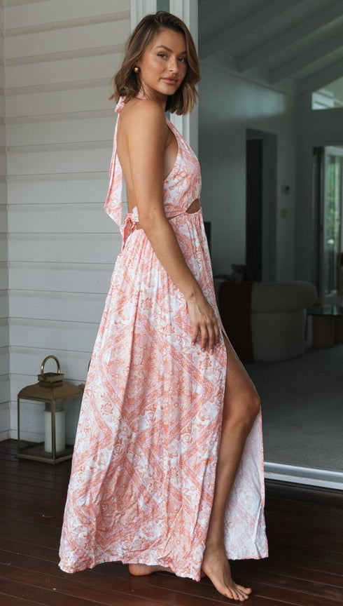 Printed Halterneck Women's Resort Style Slit Maxi Dress - ROUTINE FASHION